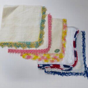 1950s 1960s LOT 5 Vintage Hankies Crochet Tatting? Lace Edge Handkerchief